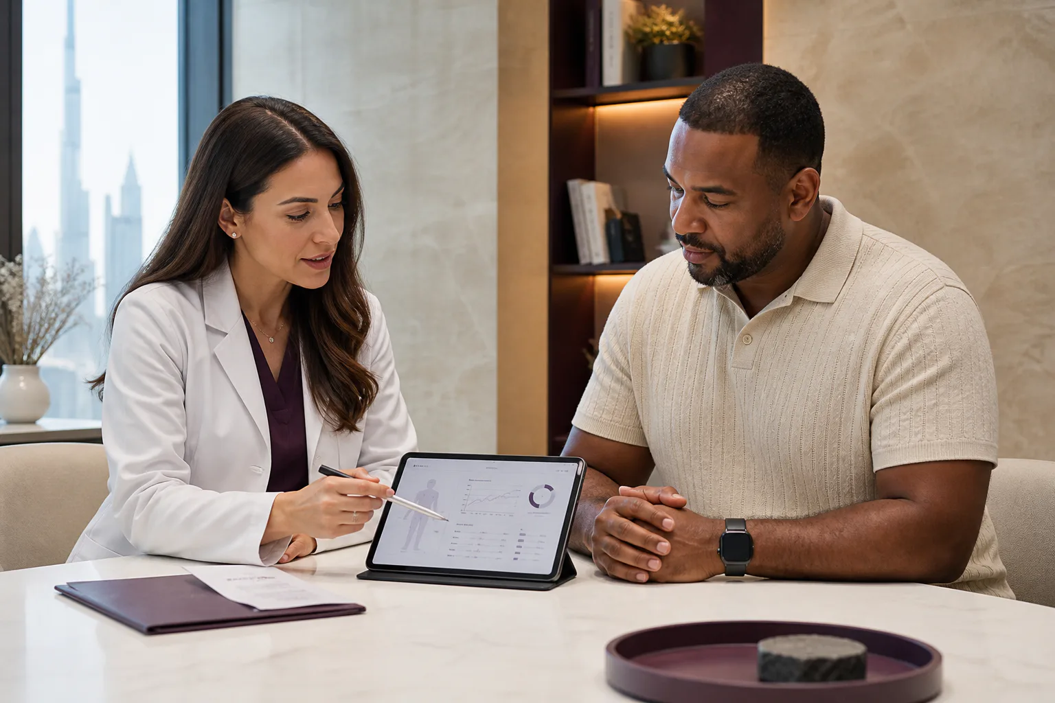 Doctor and patient reviewing health history and progress markers