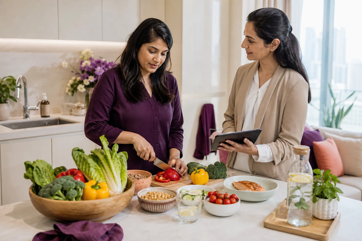 Dietitian supporting a patient preparing a balanced everyday meal