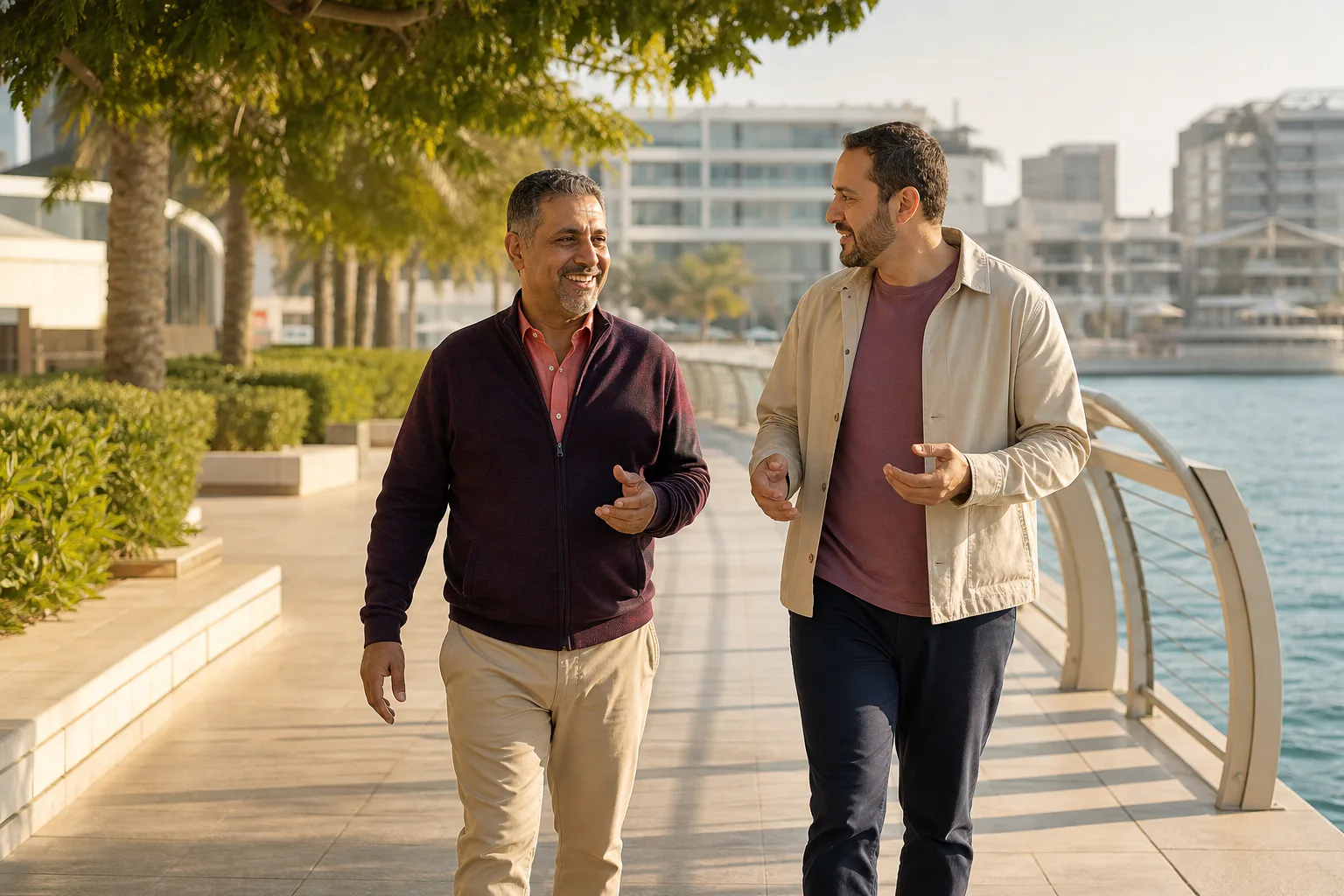 Adult patient walking with a health coach during long-term follow-up