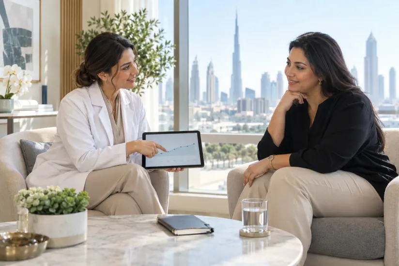Clinician and patient reviewing progress notes together